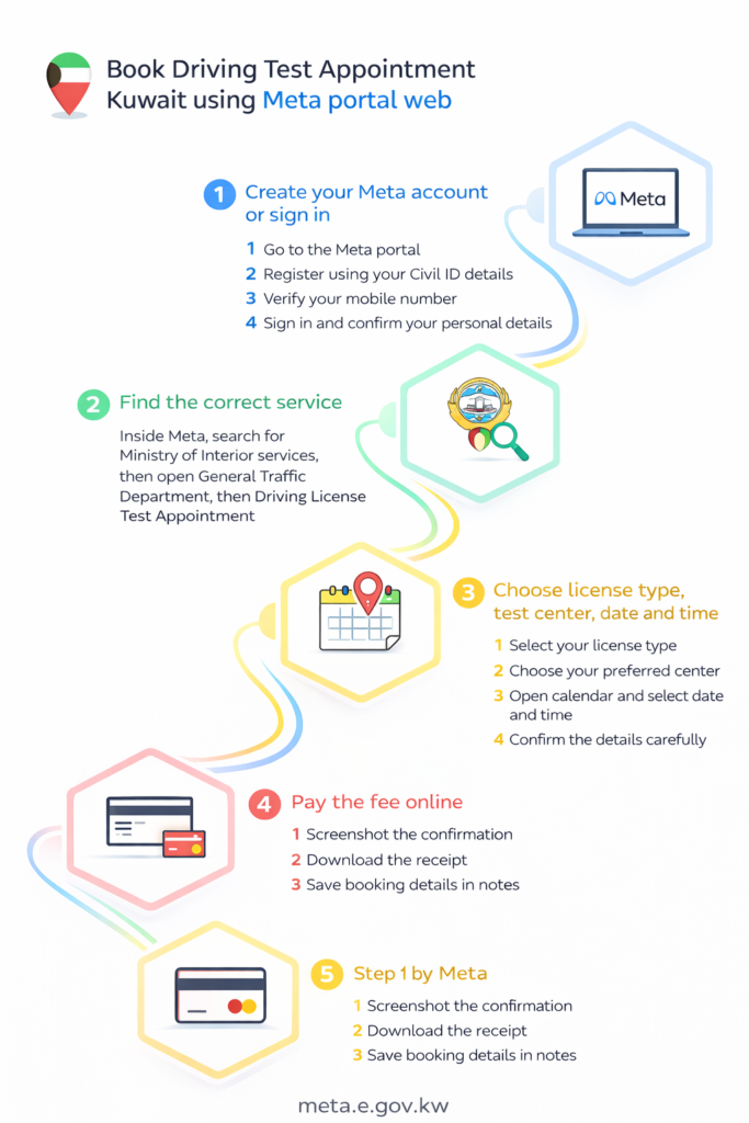 Book driving test appointment Kuwait using Meta portal web