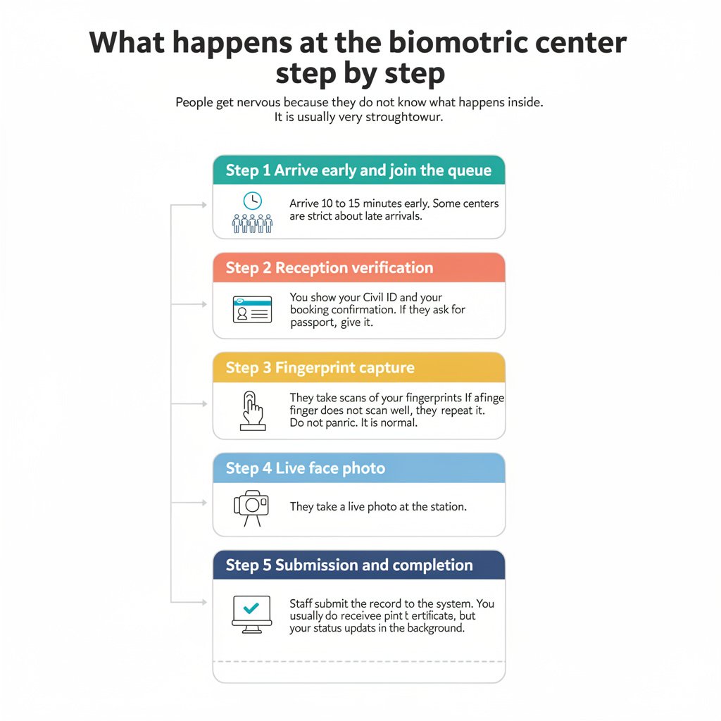 What happens at the biometric center step by step