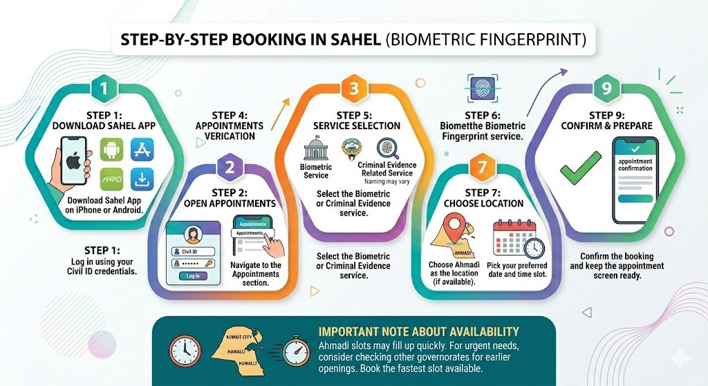 How to book an Ahmadi fingerprint appointment (Sahel App)