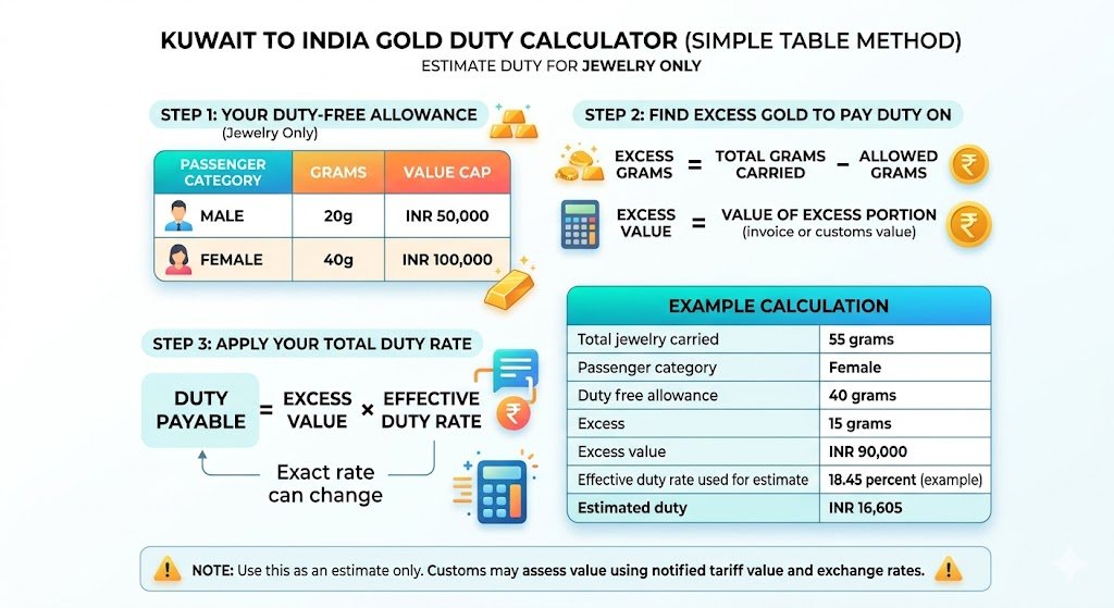 Kuwait to India Gold Duty Calculator (Simple Table Method)
