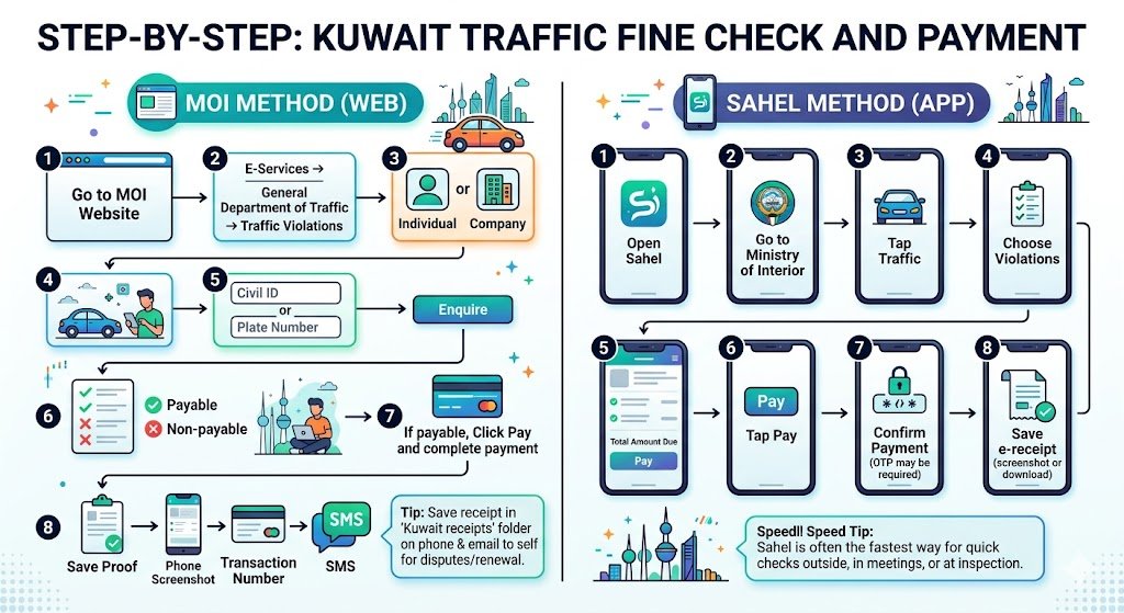 Step-by-step: Kuwait traffic fine check and payment (MOI website)