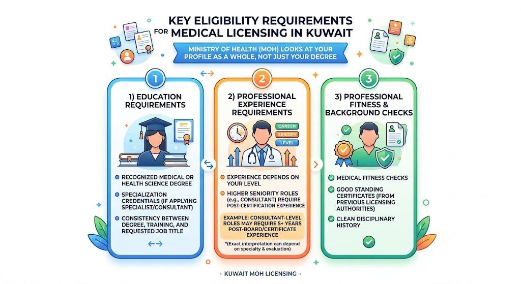 Key eligibility requirements for medical licensing in Kuwait