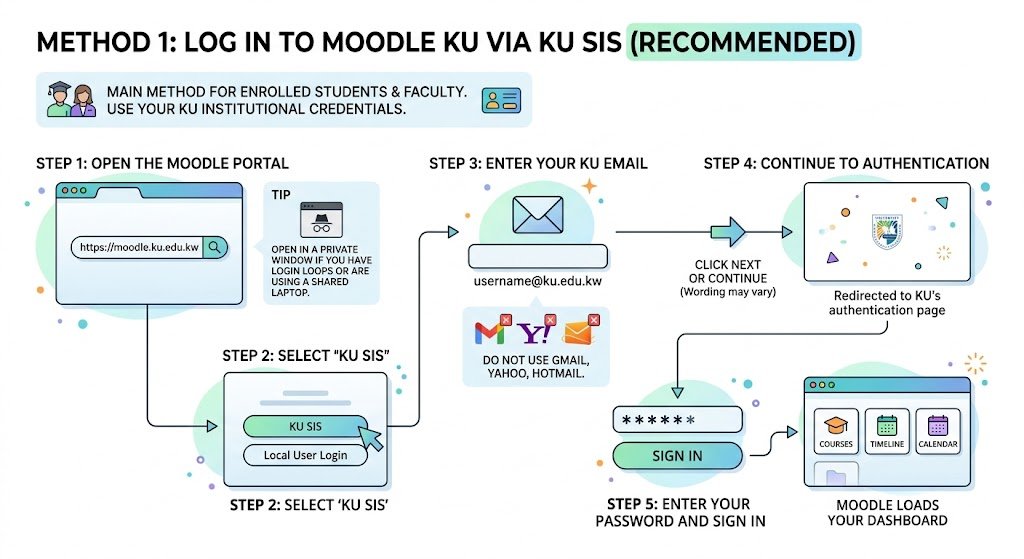 Method 1 (recommended): Log in to Moodle KU via KU SIS